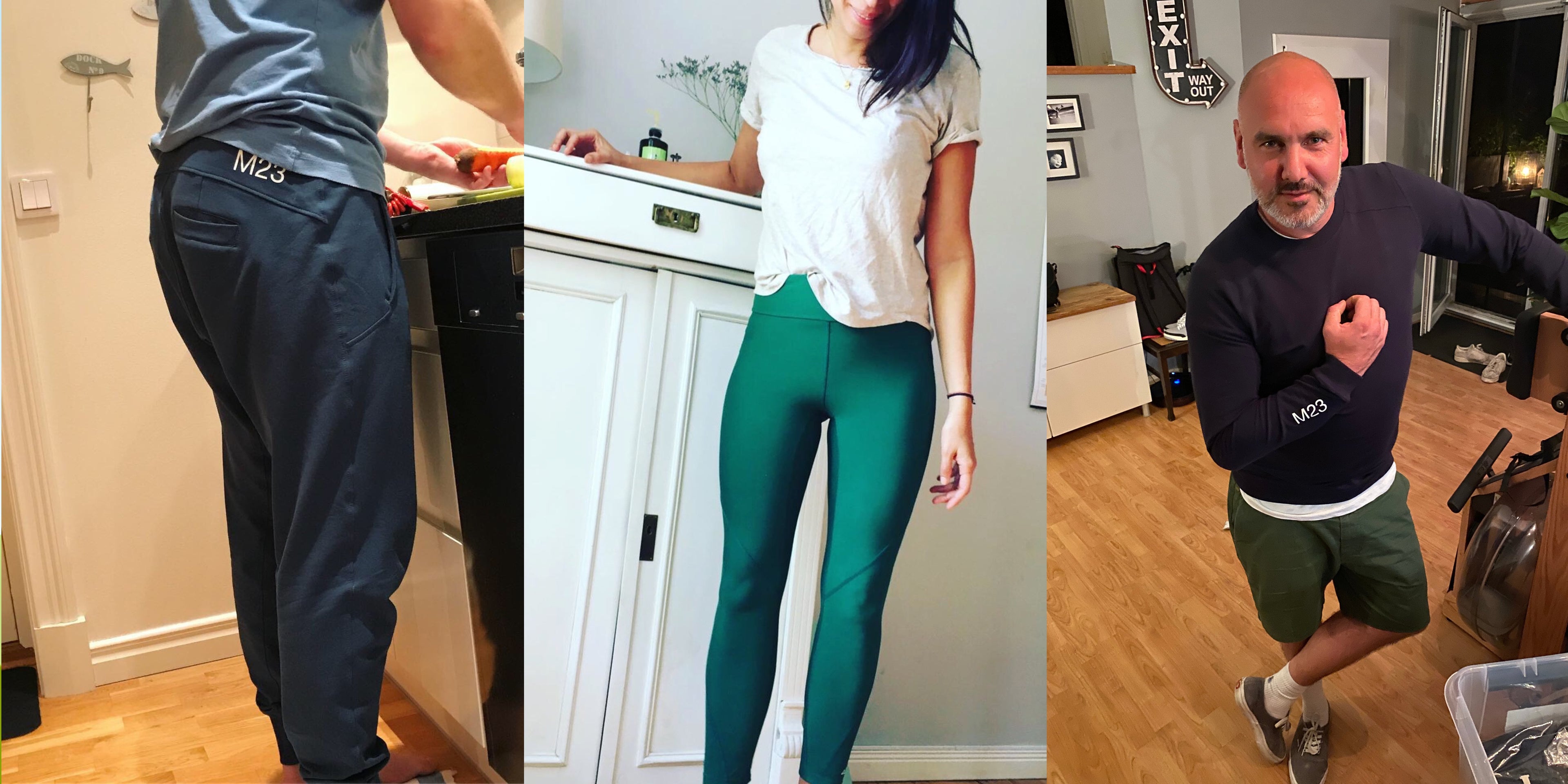 Glückliche M23-Kundinnen und -Kunden in nachhaltiger Activewear – darunter Bio-Baumwoll-Leggings, Jogginghosen und Performance-Oberteile – beim Outdoor-Laufen, Yoga und Indoor-Aktivitäten.
