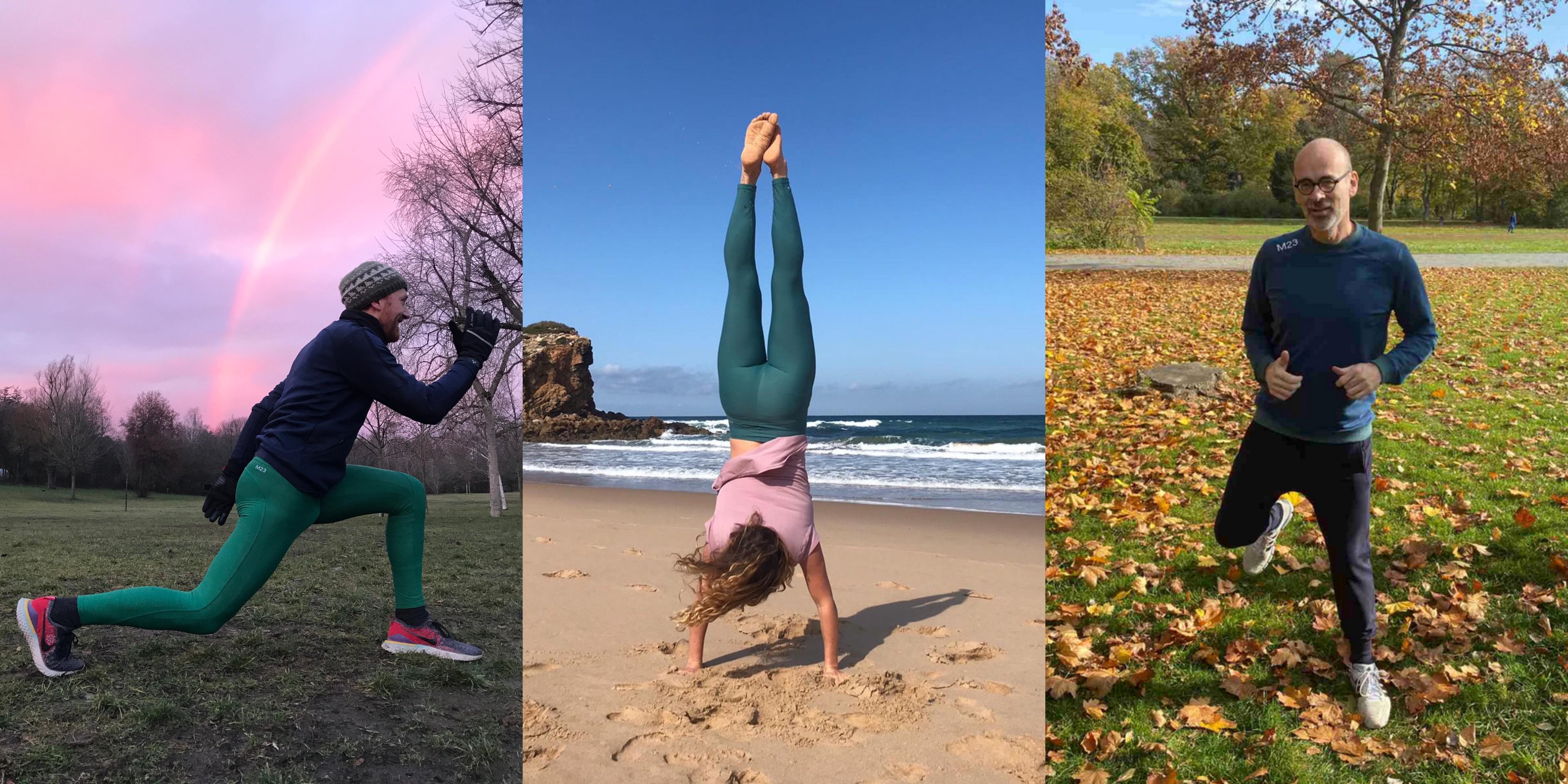 Glückliche M23-Kundinnen und -Kunden in nachhaltiger Activewear – darunter Bio-Baumwoll-Leggings, Jogginghosen und Performance-Oberteile – beim Outdoor-Laufen, Yoga und Indoor-Aktivitäten.
