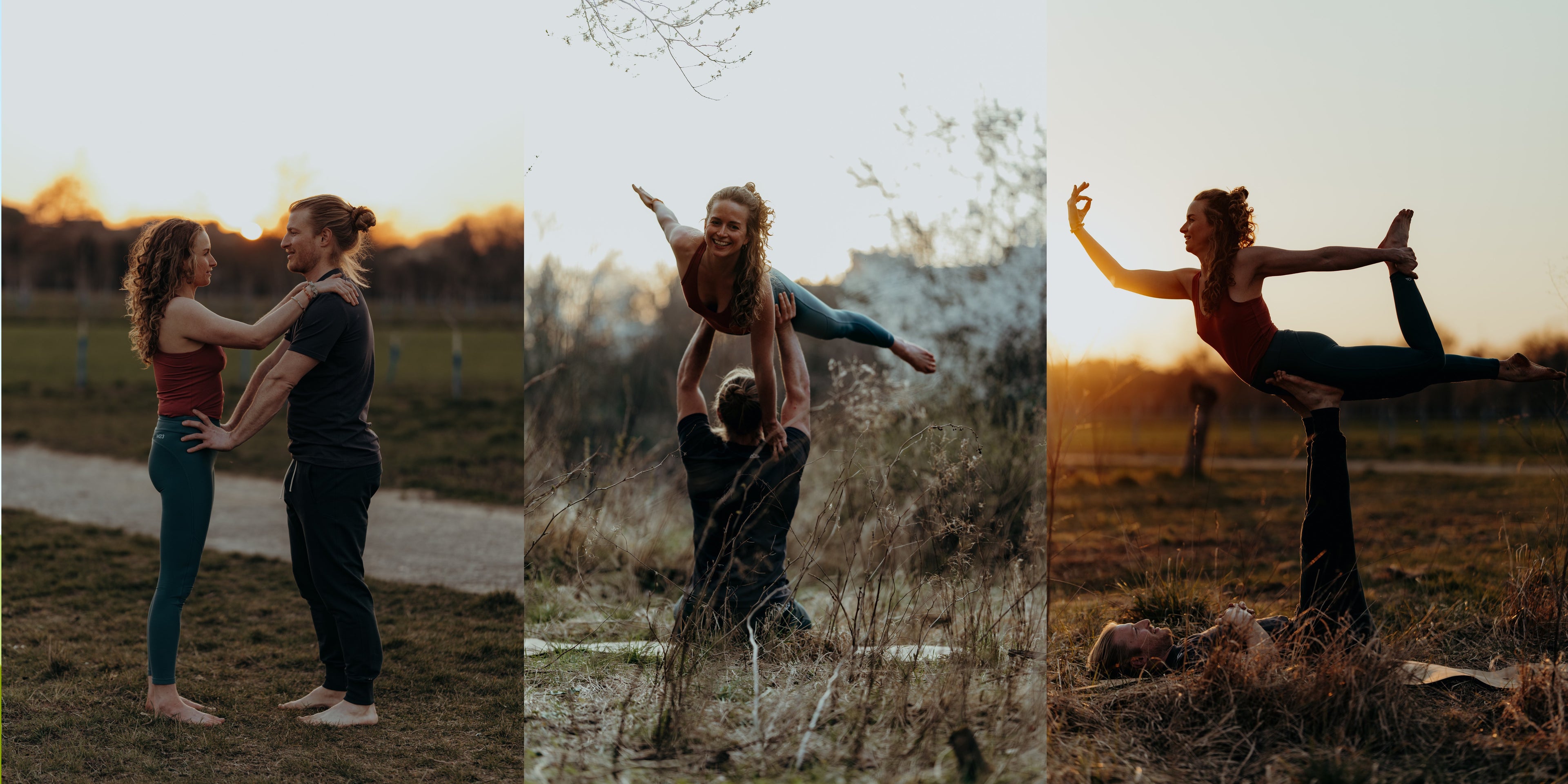 Glückliche M23-Kundinnen und -Kunden in nachhaltiger Activewear – darunter Bio-Baumwoll-Leggings, Jogginghosen und Performance-Oberteile – beim Outdoor-Laufen, Yoga und Indoor-Aktivitäten.