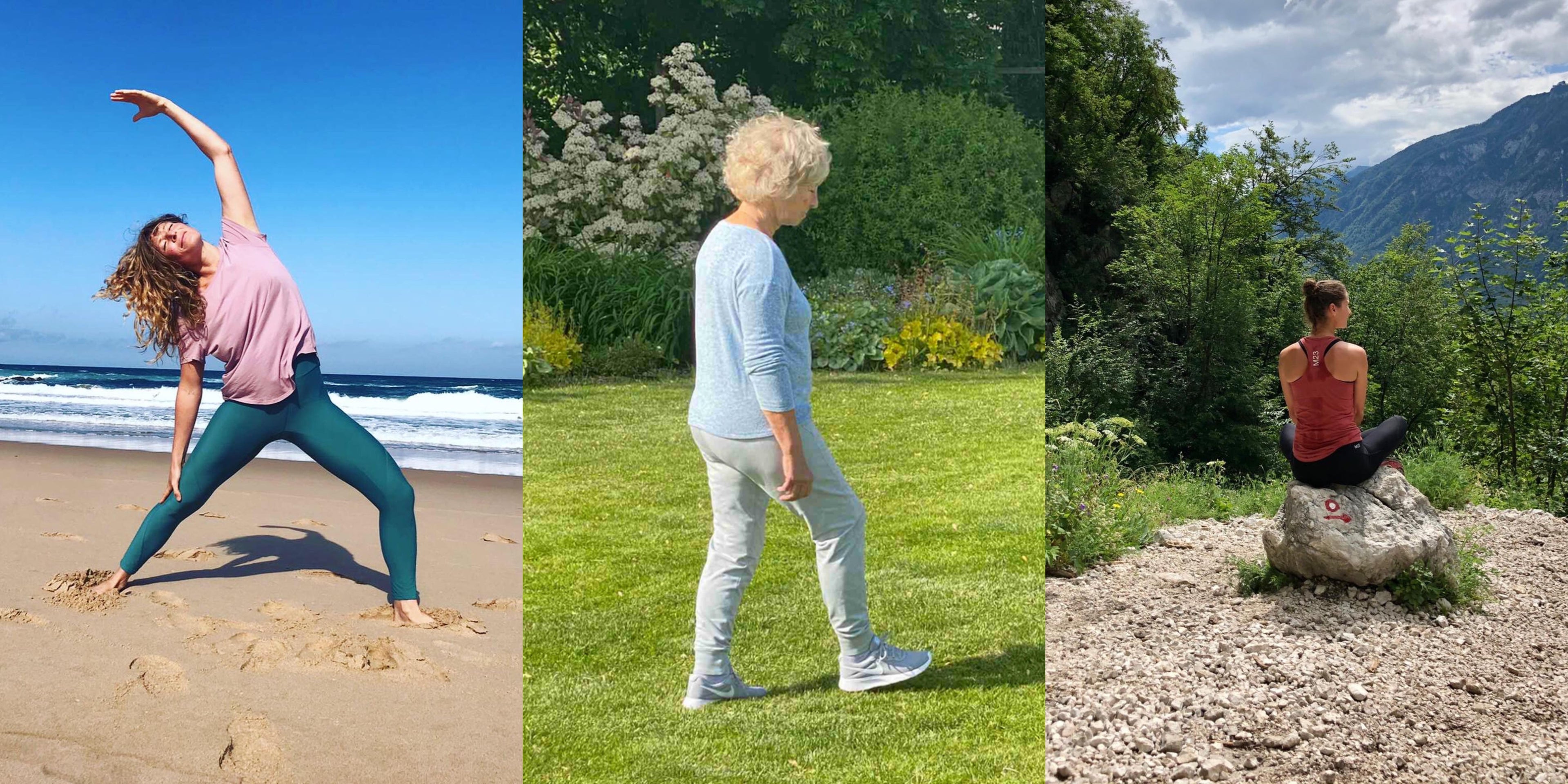 Glückliche M23-Kundinnen und -Kunden in nachhaltiger Activewear – darunter Bio-Baumwoll-Leggings, Jogginghosen und Performance-Oberteile – beim Outdoor-Laufen, Yoga und Indoor-Aktivitäten.