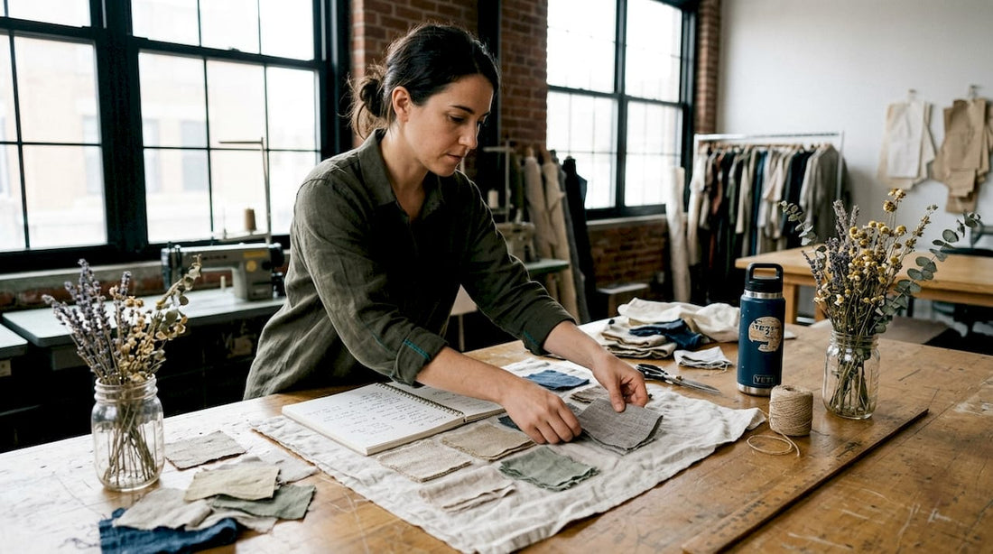 Designer sorting eco-friendly fabric samples in studio