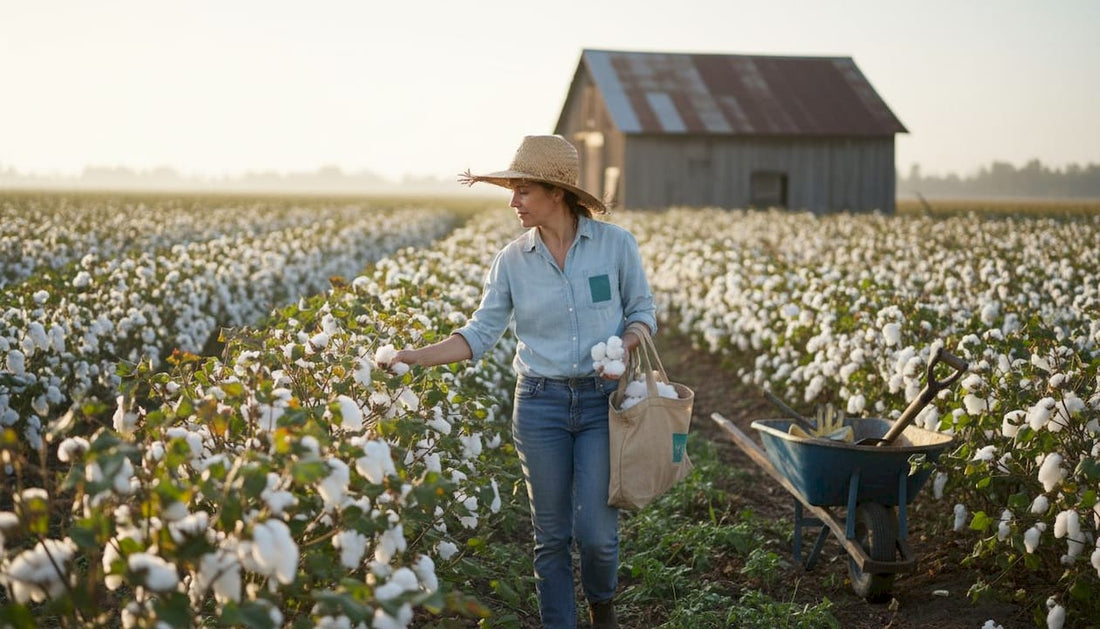 Worker harvesting organic cotton in sunrise field