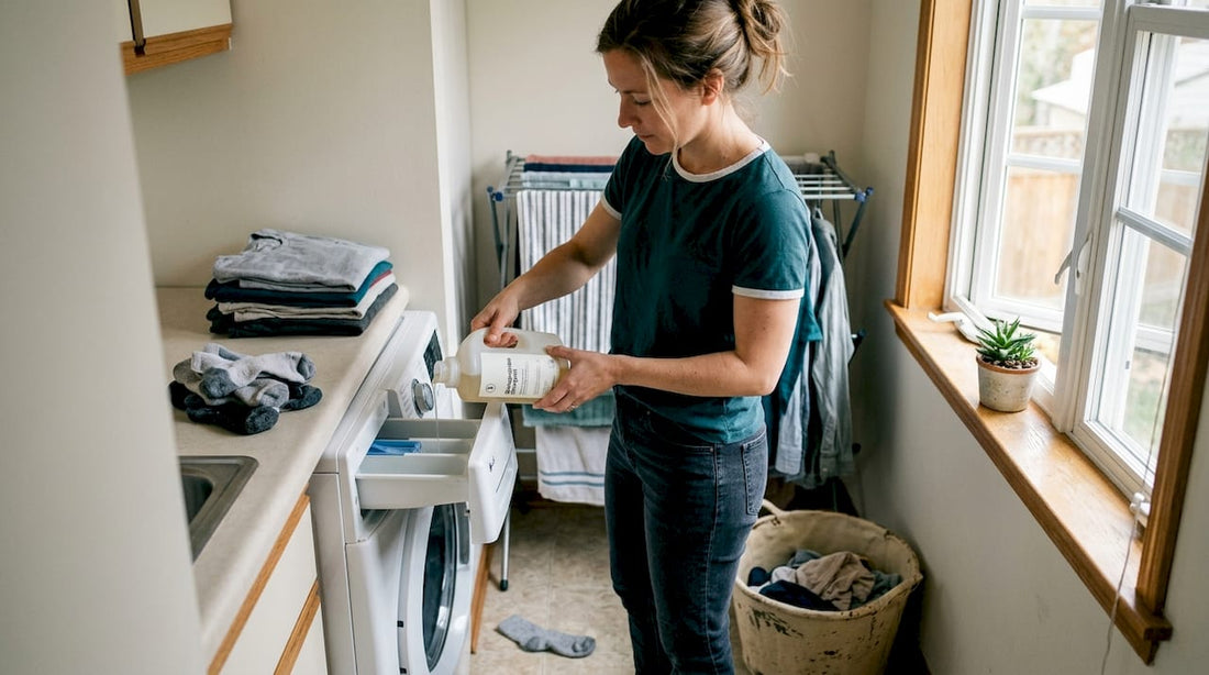 Woman starting eco-friendly laundry by window