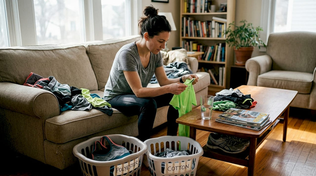 Woman sorting old sportswear for recycling