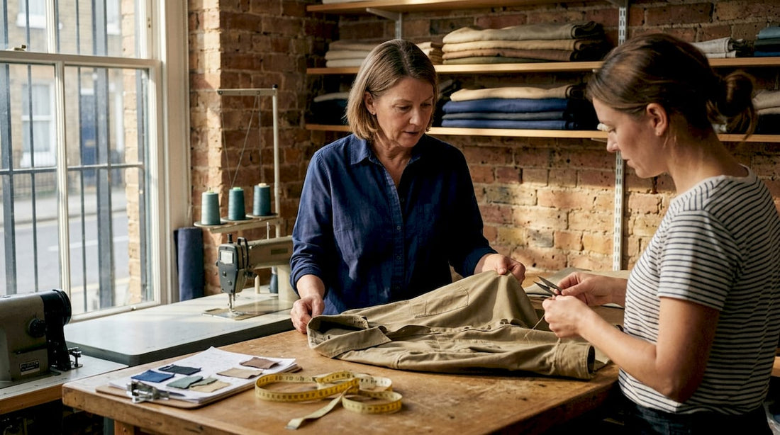 Women inspecting shirt in tailoring workshop