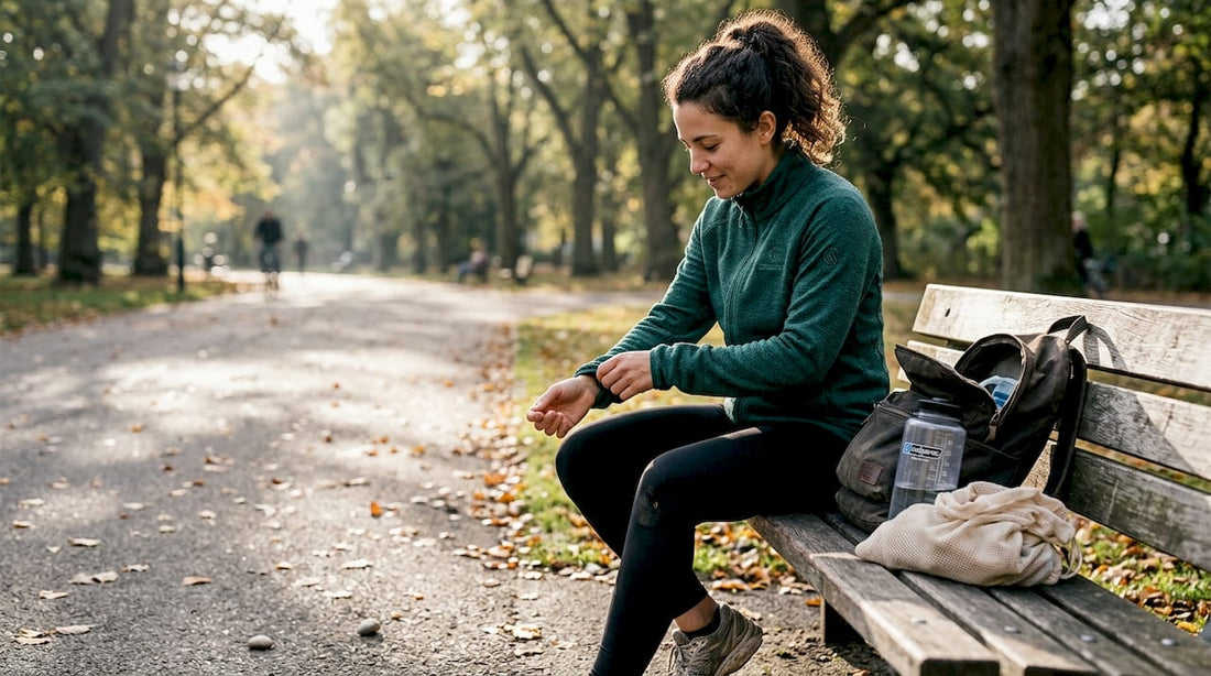 Runner in eco-friendly sportswear on park bench