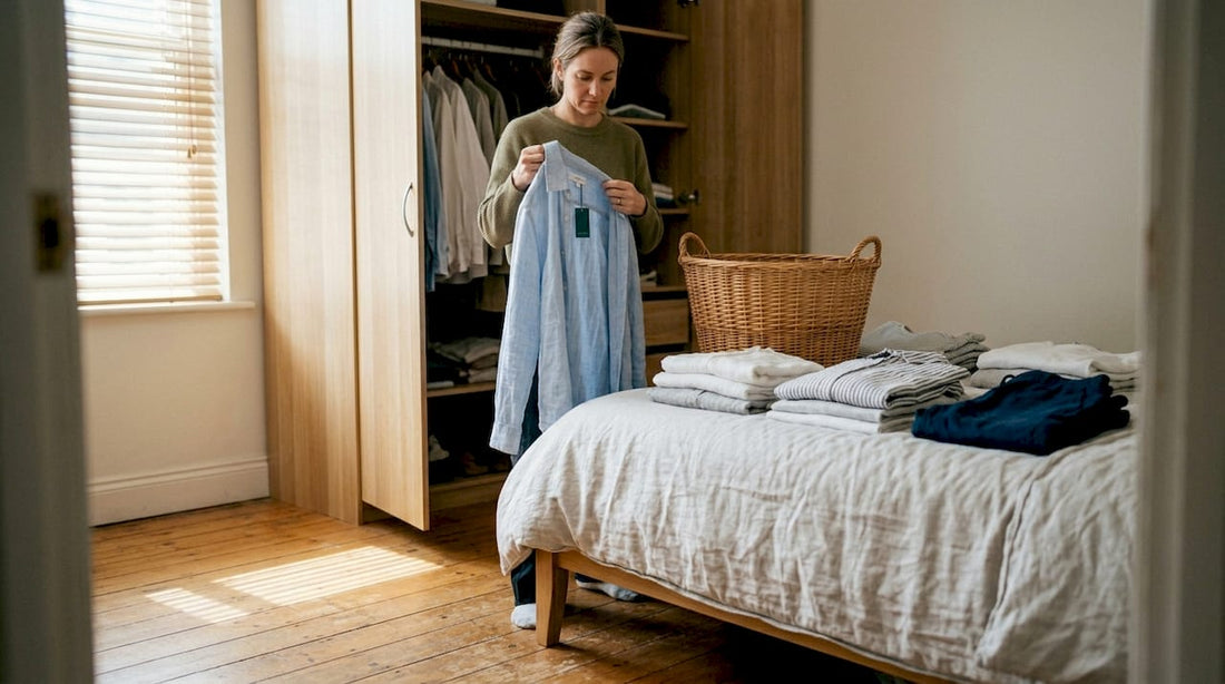Woman sorting biodegradable clothing in closet