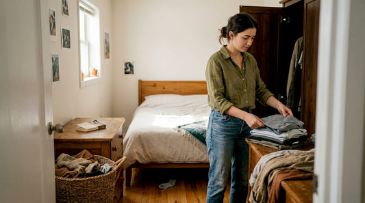 Woman organizing ethical clothing at home