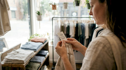 Shopper examining sustainable apparel labels