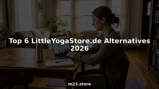 Woman browsing yoga store alternatives at home