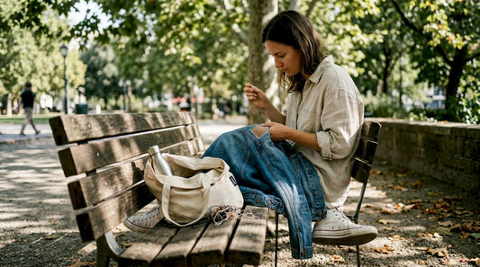 Woman mending denim jacket outdoors