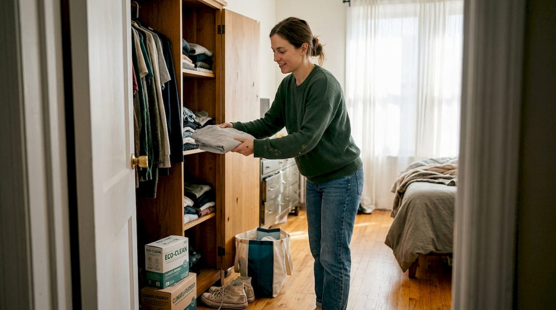 Woman sorting climate-friendly clothes at home