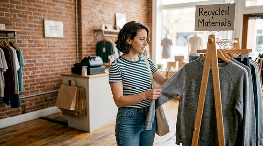 Shopper browsing recycled fabric clothing rack