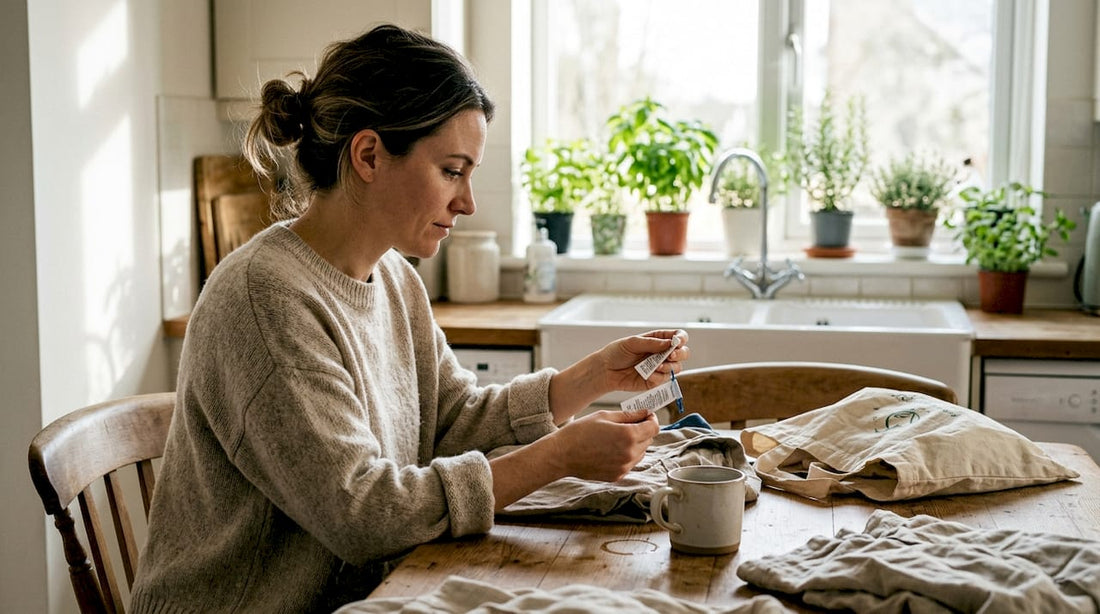 Woman comparing eco-friendly fabric tags at table