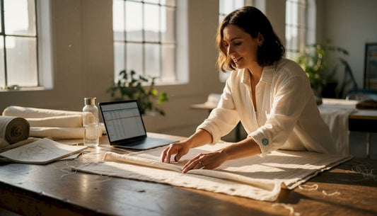 Designer examining organic fabric in sunny studio