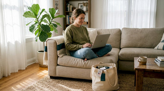 Woman browsing sustainable fashion online at home