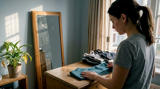 Woman sorts sustainable workout clothes in bedroom