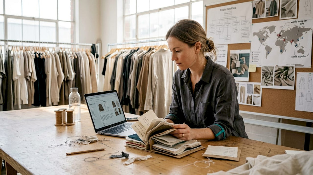 Fashion designer reviews sustainable sourcing samples