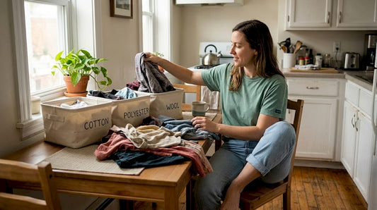 Woman sorting old clothes for recycling at kitchen table