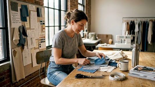 Fashion designer sorting recycled fabric swatches