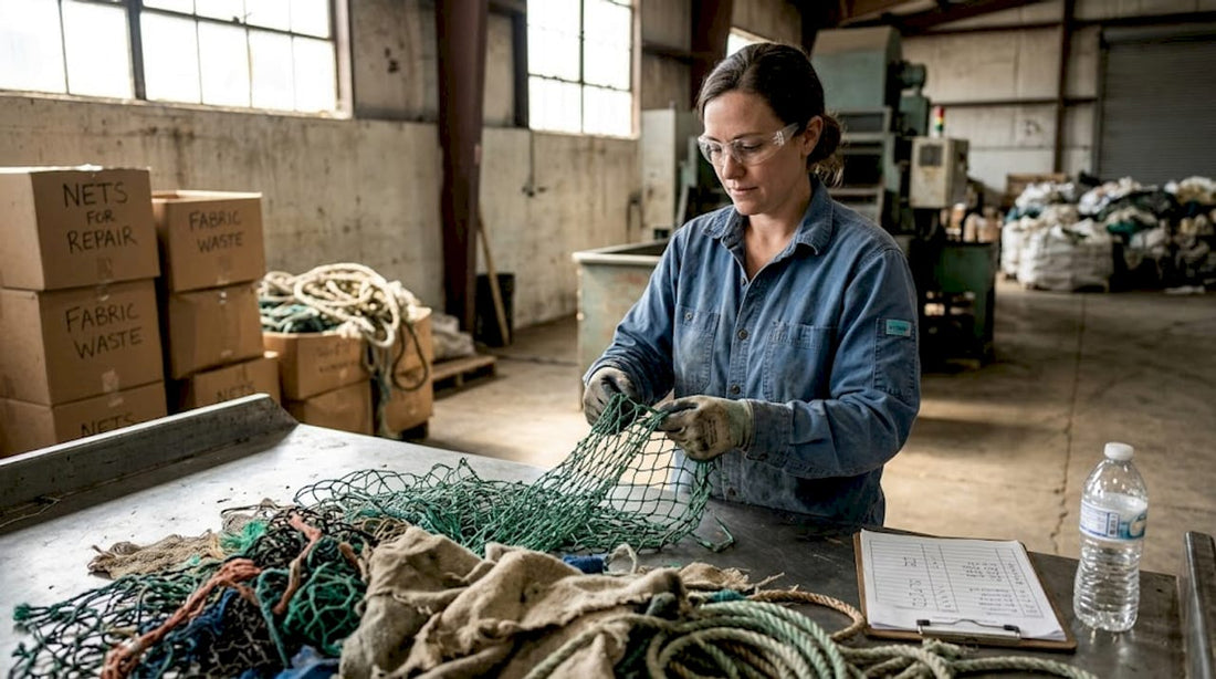 Worker sorting used nylon at recycling center