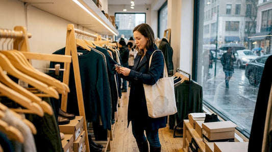 Shopper checking clothing tag for sustainability info