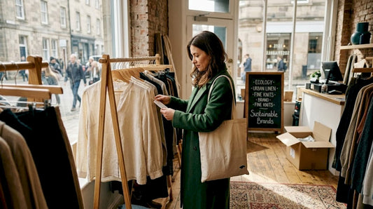 Woman shops sustainable brands in European boutique