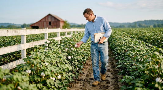 Inspector checking cotton field for quality