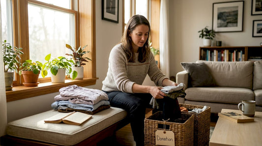 Woman sorts clothing for sustainable donation at home