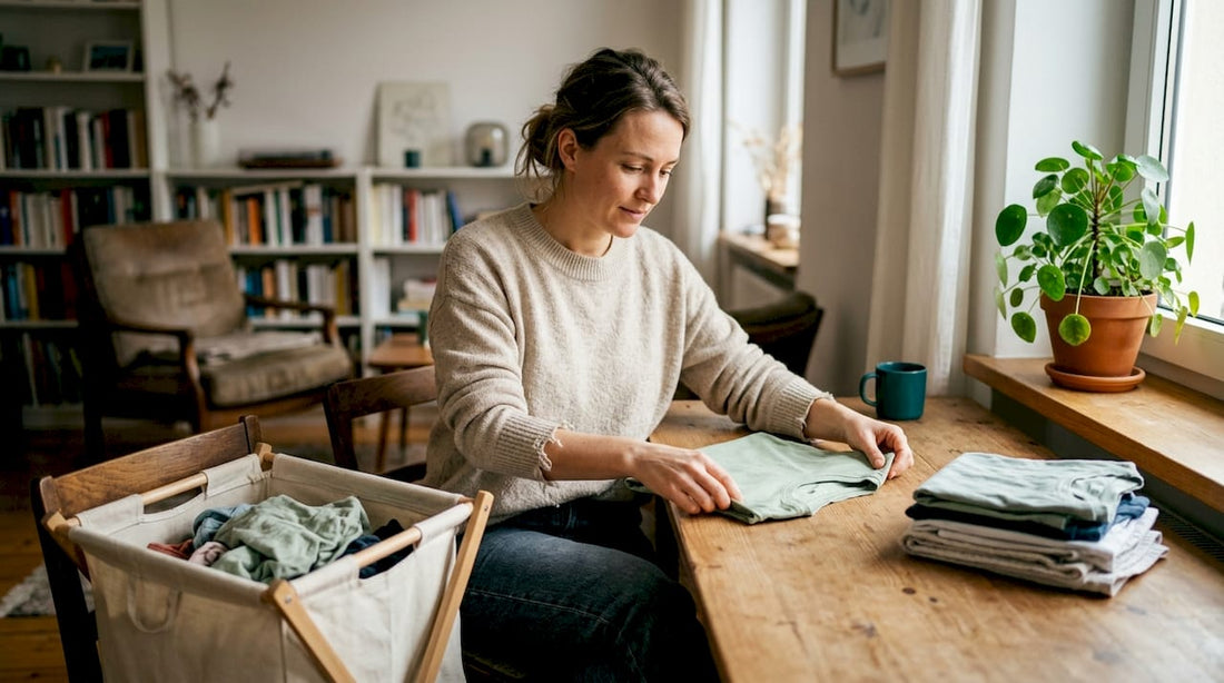 Woman folding organic cotton shirt at home