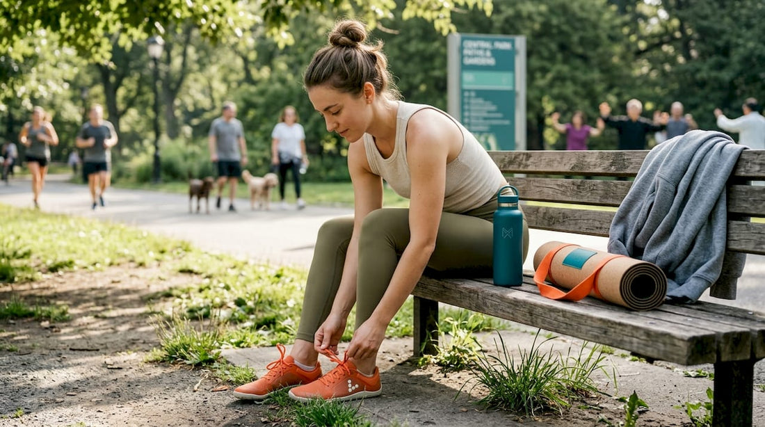 Woman adjusting trainers in mindful sportswear at park bench