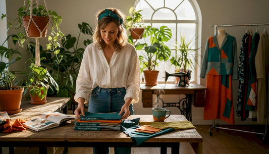 Designer reviewing recycled fabrics in studio