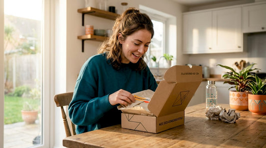 Woman unboxing sustainable fashion package at table