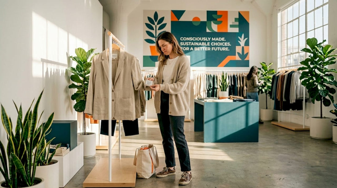 Shopper inspecting clothing label in boutique