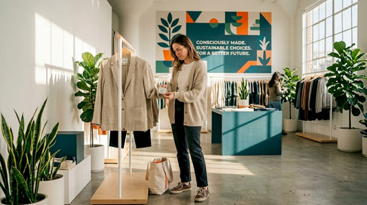 Shopper inspecting clothing label in boutique