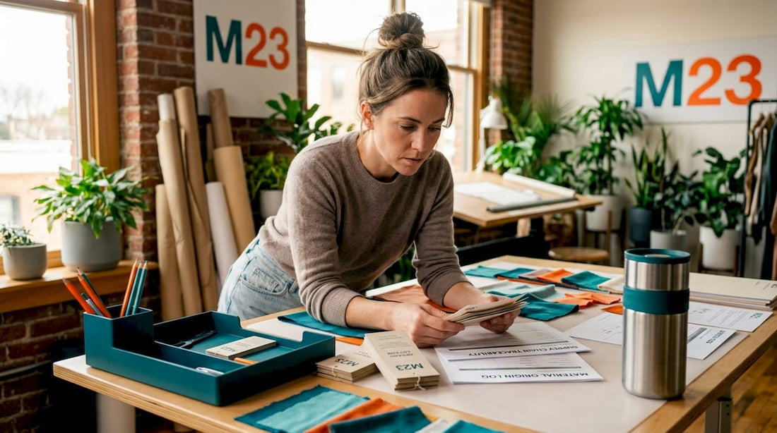 Designer reviews supply chain documents in studio