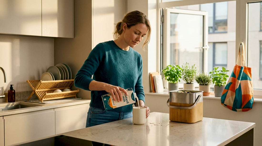 Woman preparing coffee in bright eco-friendly kitchen
