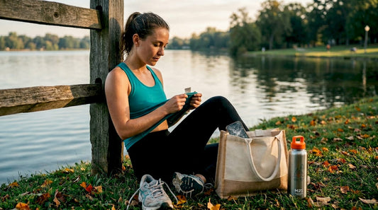 Woman checks care label on vegan sportswear