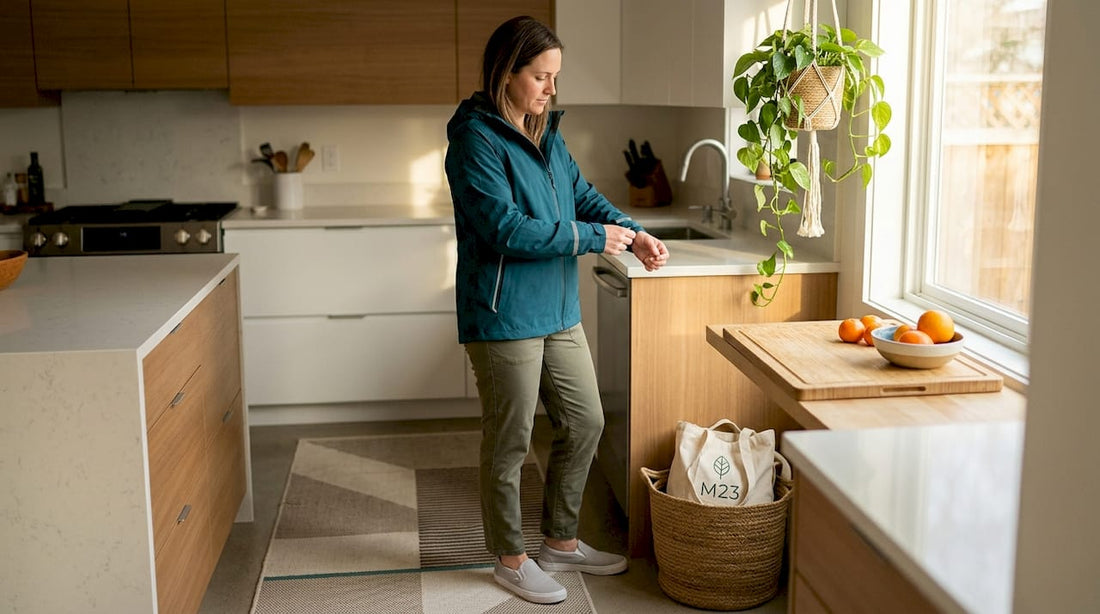 Woman adjusts functional jacket in home entryway