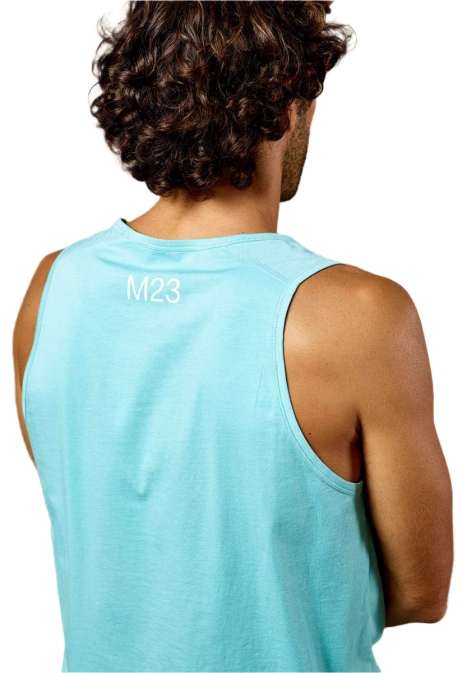  Rueckansicht des M23 Kobe Tanktops in Türkis – nachhaltiges aermelloses Herren-Shirt aus umweltfreundlicher Bio-Baumwolle mit M23-Logo