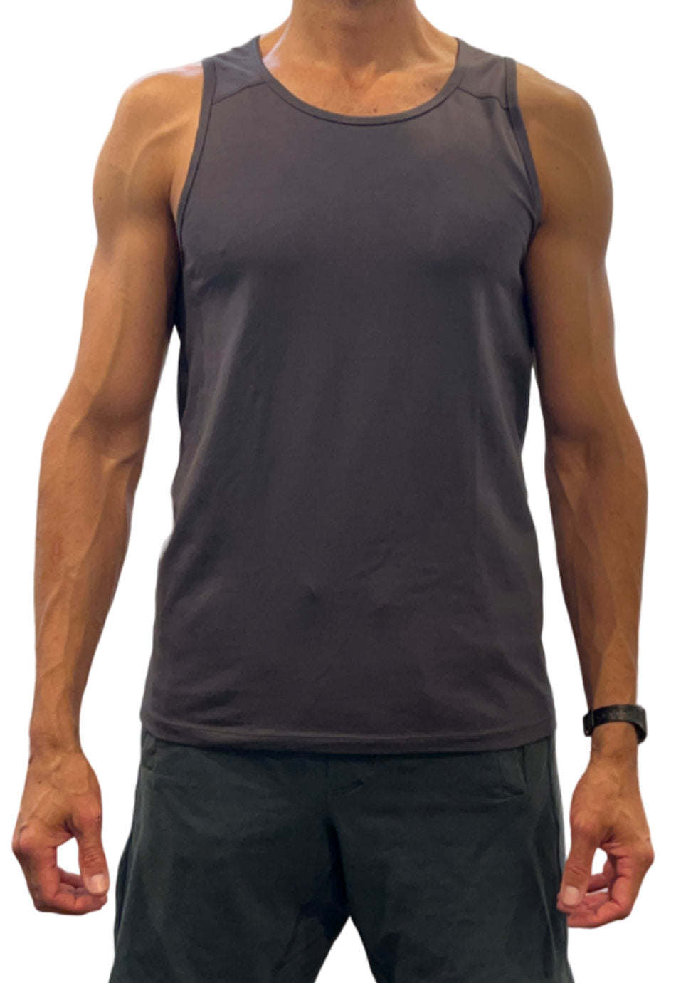 Vorderansicht des M23 Kobe Tanktops in Ebenholzgrau – umweltfreundliches Herren-Shirt aus nachhaltiger Bio-Baumwolle