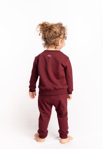 Luke Kinder-Jogginghose in Bordeauxrot aus Bio-Baumwolle mit gerippten Fussbuendchen – nachhaltige und umweltfreundliche Kindermode von M23, Rueckansicht