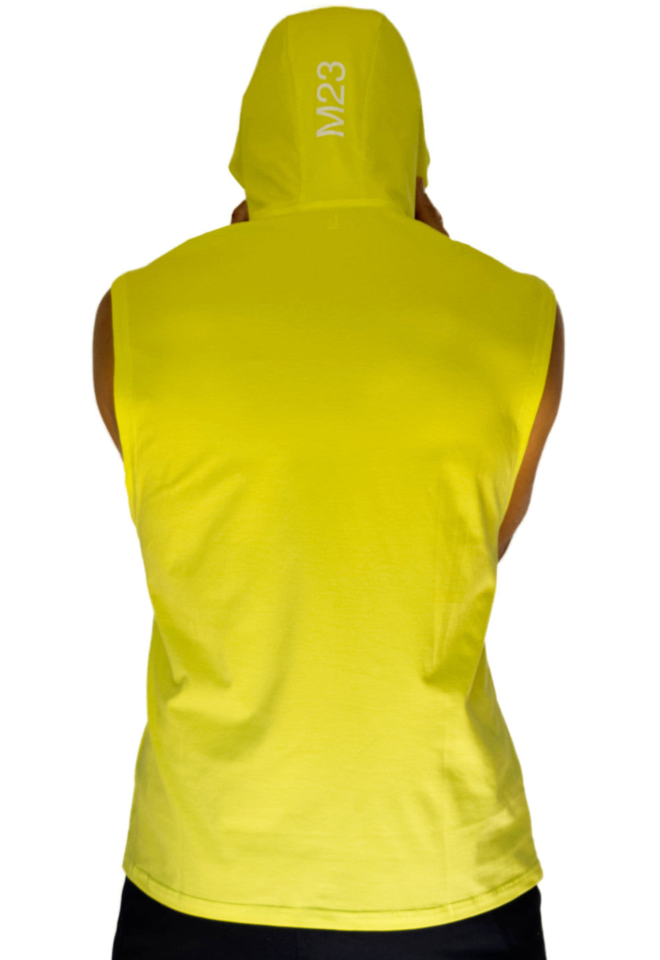 Kyle Hoodie ärmellos Unisex in Gelb – Rückansicht mit M23-Logo auf der Kapuze